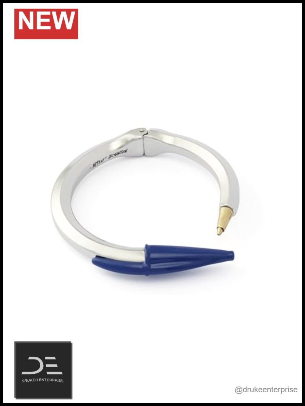 Zinc Bangle Bracelet Blue Pen Motif Lightweight Hinge Closure Hypoallergenic